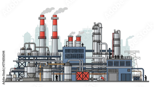 Illustration of an Industrial Factory Building with Chimneys and Piping System
