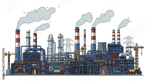 Industrial factory with smoking chimneys and complex machinery creating pollution