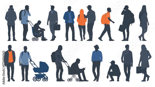 Silhouettes of People Diverse Group Walking, Sitting, and Standing Poses