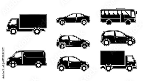 Collection of various vehicle silhouettes in black and white