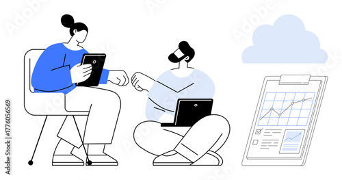 Two colleagues using a tablet and laptop, exchanging ideas, cloud storage icon, clipboard with data charts. Ideal for teamwork, productivity, innovation, data sharing, collaboration remote work
