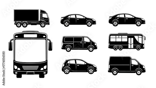 Various transportation vehicle silhouettes, including cars, buses, and trucks in a flat icon set