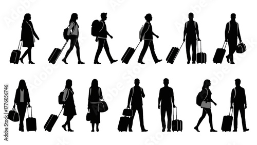 A collection of walking traveler silhouettes with luggage. Vector set of people on the move