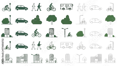 A set of urban city life icons for sustainable transport and eco-friendly architecture