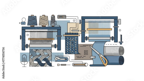 Industrial Weaving Process Automated Machinery for Fabric Production Illustration