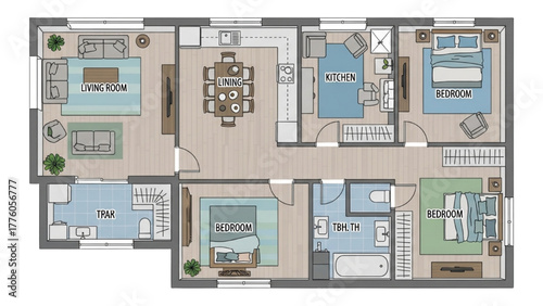 Detailed architectural floor plan of a modern three-bedroom apartment with furniture layout