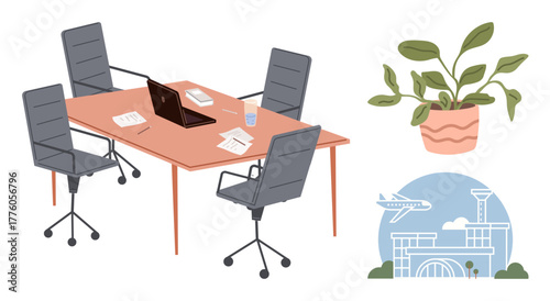 Minimalist office desk with chairs, laptop, papers, and water glass, a decorative potted plant, and stylized airport with airplane. Ideal for business, teamwork, travel productivity workspace