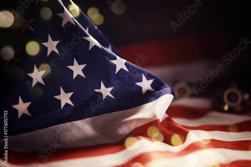 Award to the allies in the second world war.Many bullets cartridges and medals on United States flag. Concept of war glory victory.