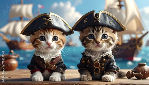 Two kittens dressed as pirates with miniature hats and toy ship background