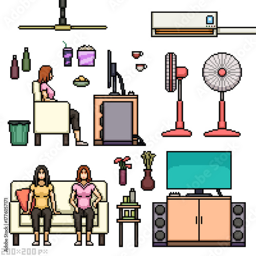 pixel art isolated background set of house living room watching tv