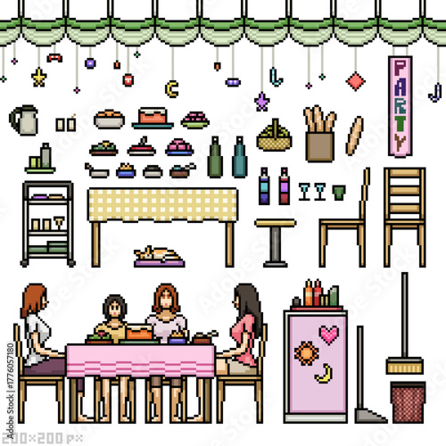 pixel art isolated background set of sister family dining party