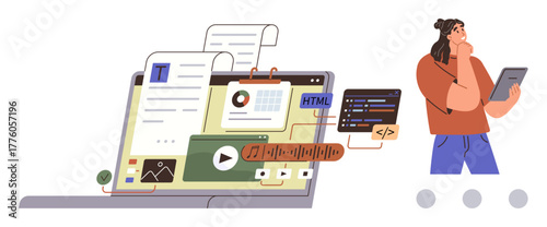 Laptop displaying coding scripts, media files, and design elements, next to a developer analyzing with a tablet. Ideal for web development, UIUX design, coding, data, education blogging technology