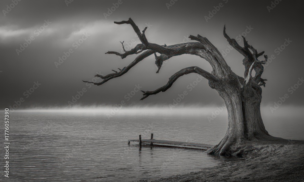 Fototapeta premium Lone, gnarled tree on a misty lake, with a small dock, monochrome