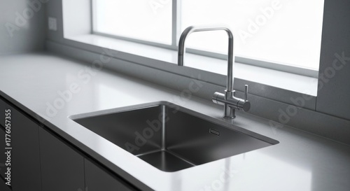 Modern kitchen sink & faucet set against a bright window backdrop. Clean, minimalist design