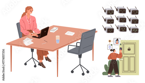 Woman typing at desk with laptop, papers, and glass. Nearby, another inputs code on door panel with icons. Ideal for office tasks, security, technology, problem-solving teamwork workplace simple