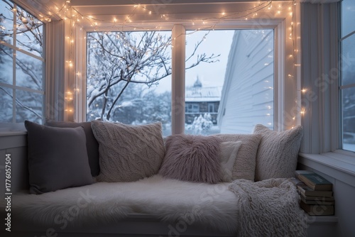 Cozy window seat with cushions and fairy lights side composition winter retreat