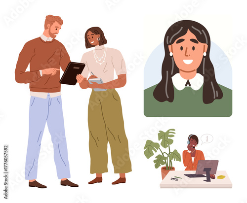 Colleagues discussing work with a tablet, a professional headshot, and a customer support agent answering queries. Ideal for teamwork, communication, service, professionalism, mentoring, corporate