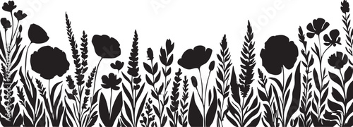 Black and white flower silhouette vector: floral border design eps