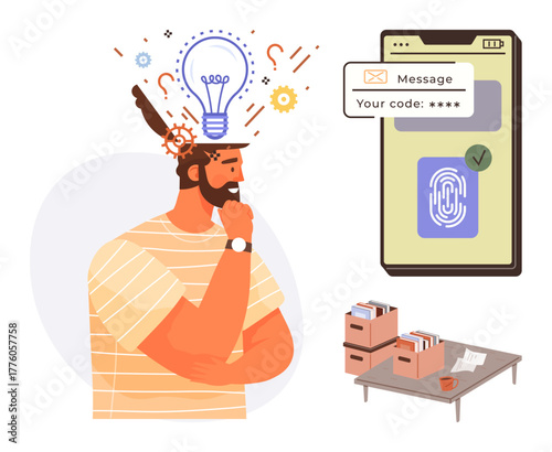 Man thinking with idea bulb illustration, smartphone showing a secure login, and a desk with books and files. Ideal for innovation, security, technology, workflow, problem-solving, creative thinking