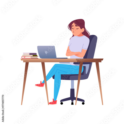 Tired Woman Sitting at Desk with Laptop Feeling Bored or Overworked