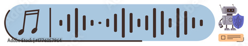 Audio waveform and music note showing sound and creativity, robot and shield symbolizing AI and security. Ideal for technology, AI, data, music, sound analysis, cybersecurity, simple flat metaphor