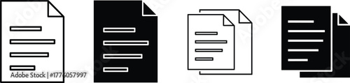 Document icon set, five variations, black and white file symbols, paper sheet graphics, minimalist style, digital content illustration, UI element, office template