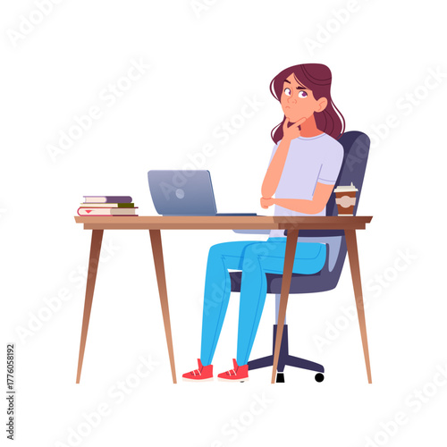 Thoughtful woman working at desk with laptop, pondering solution.