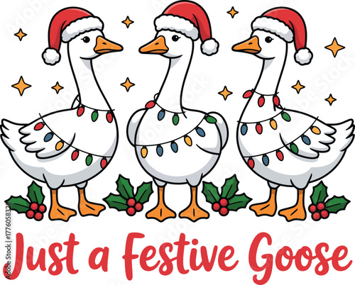 Three festive geese wearing Santa hats and decorated with Christmas lights, ready for holiday cheer.