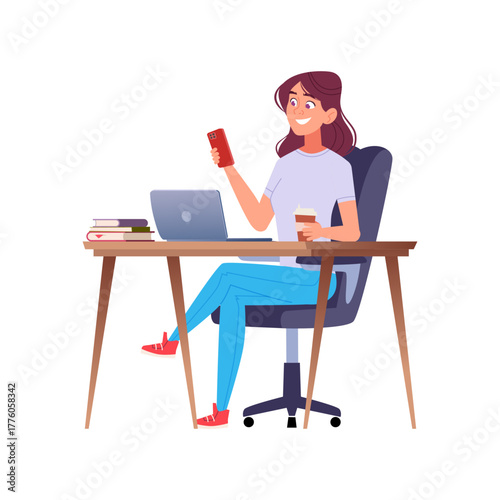 Happy Young Woman Working Remotely with Laptop and Coffee