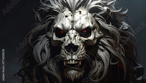 A skull-lion chimera with a full mane, sharp teeth, and glowing red eyes, set against a dark and ashy background