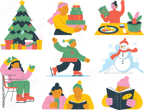 Festive winter scenes showcasing holiday cheer and cozy activities.