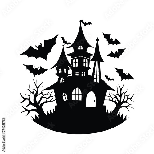 Scary haunted house silhouette with bats