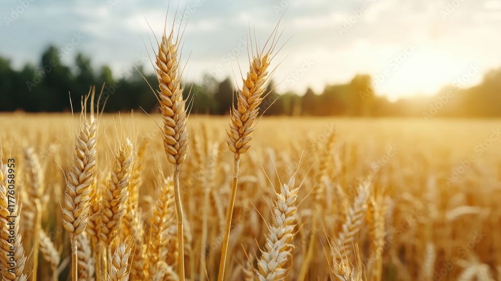Fototapeta premium Golden wheat field glowing under sunset, creating warm and cinematic atmosphere