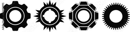 Gear icon set, mechanical shape variations, black silhouette vector, cogwheel and gear graphics, engineering symbol pack, industrial design element illustration