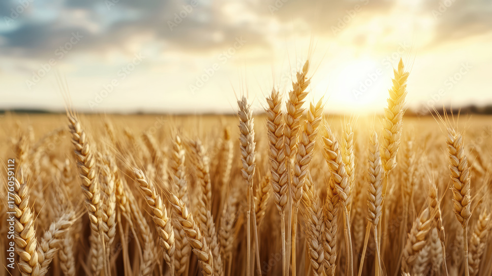 Fototapeta premium Golden wheat field glowing under sunset, creating warm and cinematic atmosphere