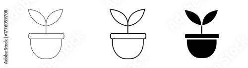 A minimalist black and white set of potted plant icons, featuring a young seedling with two leaves growing in a small flowerpot, representing new life, nature, and organic growth vector design.