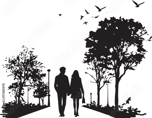Silhouette of a couple walking in a park with trees and birds
