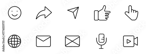 A comprehensive collection of outline vector icons for social media, internet communication, and interactive web interfaces, featuring essential symbols for digital design.