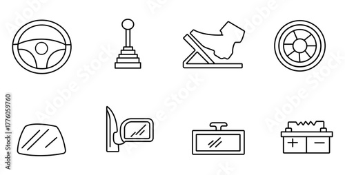 Comprehensive set of outline car parts and driving icons, including steering wheel, gear shift, pedal, wheel, mirrors, and battery, for automotive design