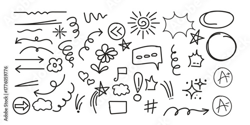 Line cute element set. Hand-drawn sketch doodle style arrow, cloud, star with marker stroke pencil highlight. Doodle sketch heart, star, cloud cartoon sticker shapes