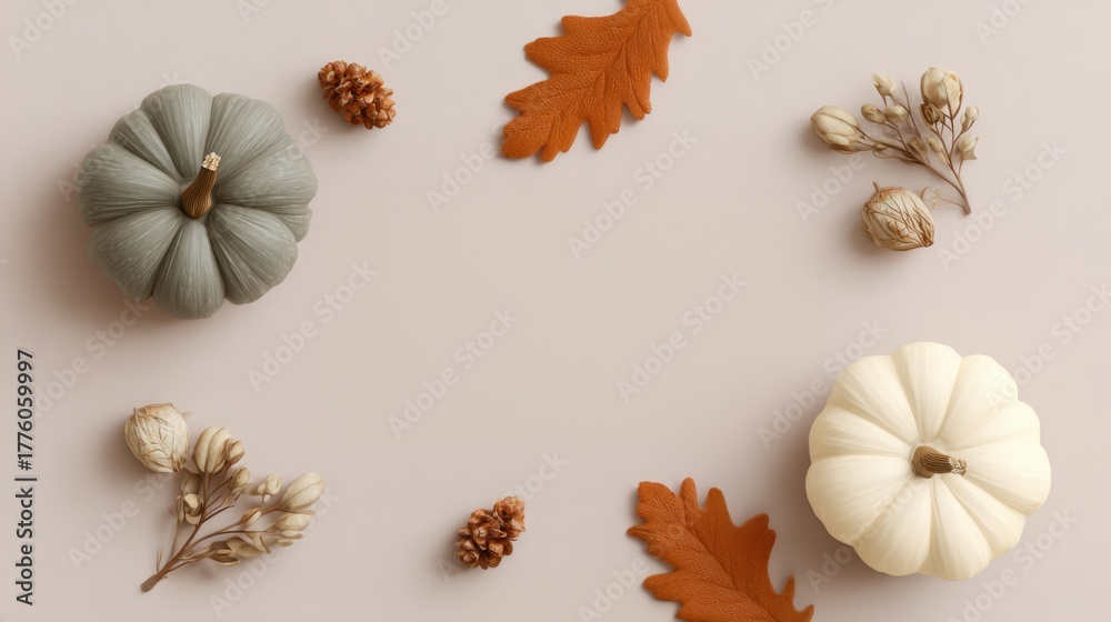 Fototapeta premium Autumn pumpkins and dried flowers on a neutral background for seasonal decor