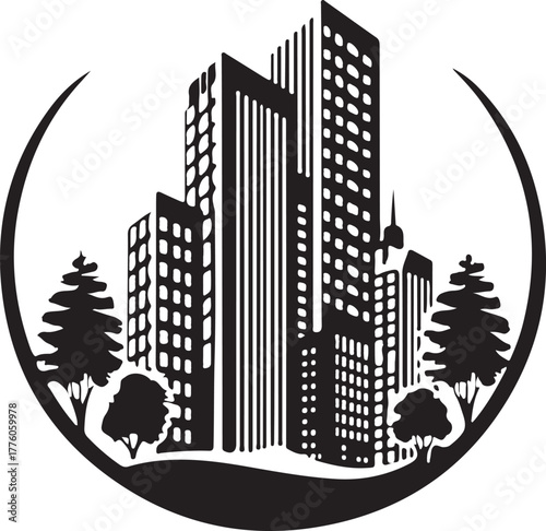 Cityscape logo design with skyscrapers and trees
