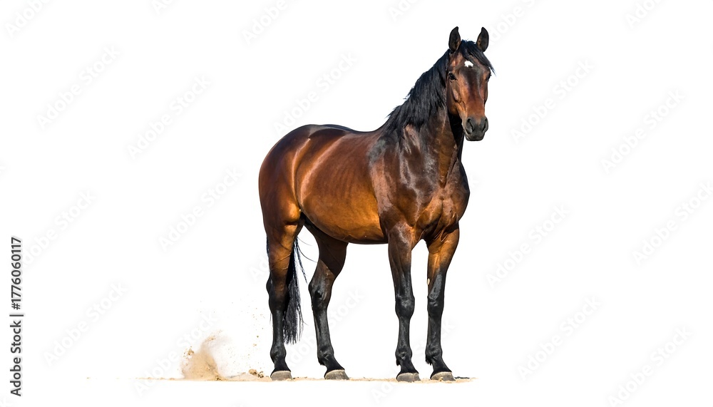 Obraz premium A sleek, muscular bay horse standing on sand with a white backdrop, facing forward, mane flowing down