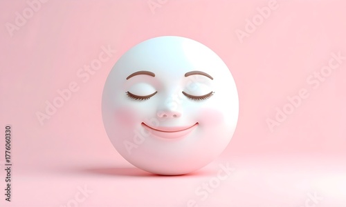 3D Render of Blissful White Sphere Character with Rosy Cheeks and Closed Eyes Smiling on Soft Pink Background, Symbolizing Happiness, Calmness, and Well-Being