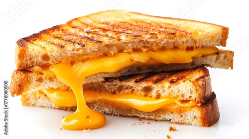 A grilled cheese sandwich with melted cheese oozing out on a white background close up studio shot