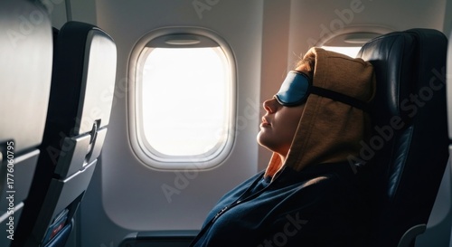 Person asleep on airplane seat, hooded, with eye mask, sunlight streaming through window