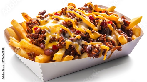 A serving of chili cheese fries in a white paper container on a white background in a studio shot