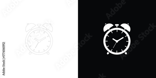 Black and White Illustration of a Classic Alarm Clock, Contrasting Light and Dark Backgrounds