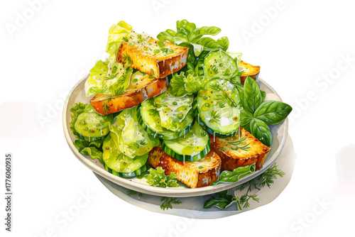 chef salad with toast and vegetables for healthy food and fresh meal concept on white isolated background