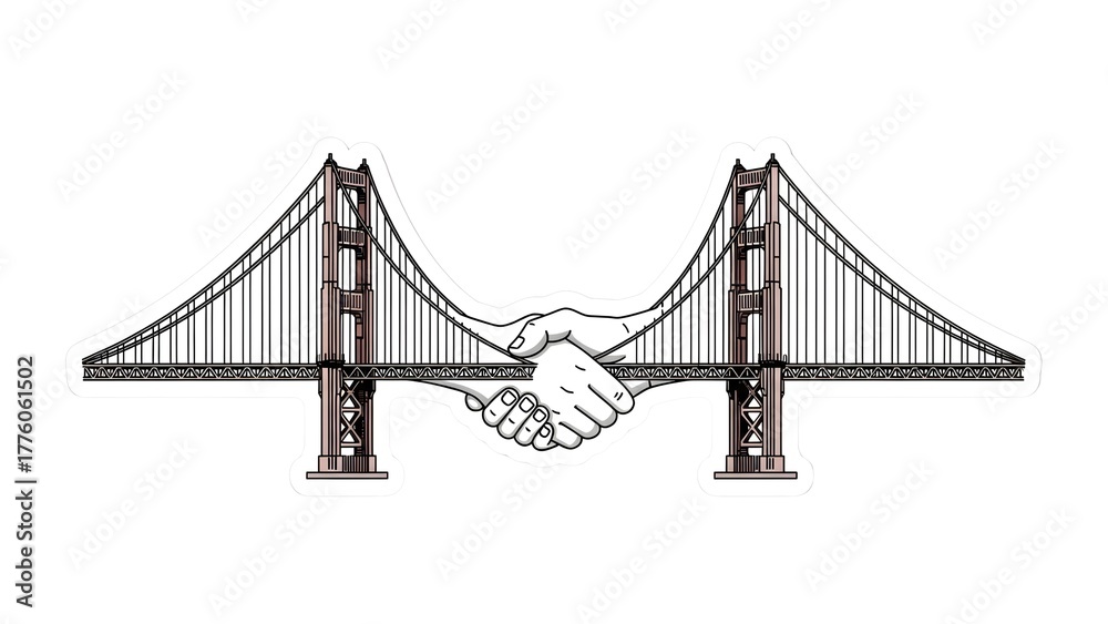 Obraz premium Symbolic illustration of a handshake bridging two golden gate style bridges, representing partnership and connection